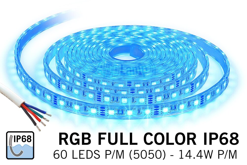 Wasserdichter RGB-LED-Streifen IP68 mit 300 RGB-LEDs 12V, 72W, 5M