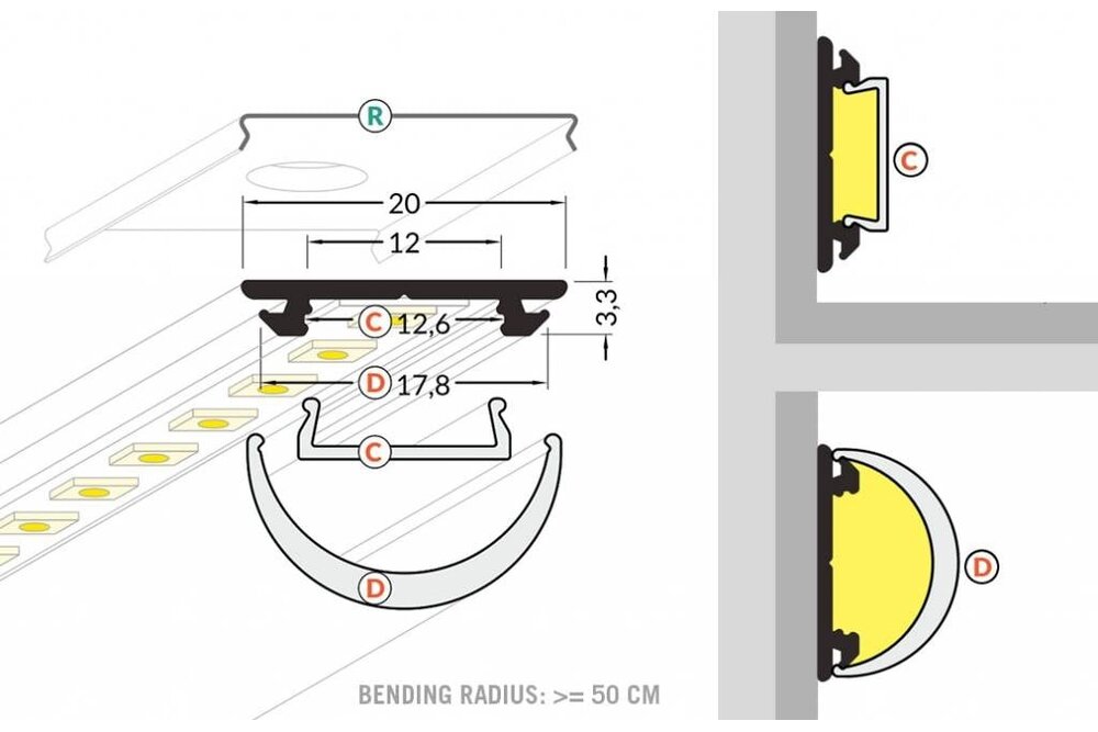 BEND biegsames LED-Profil aus Aluminium 1m-2m