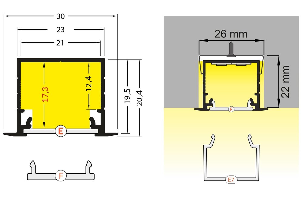 NOVA RS 20mm versenktes Led-Profil 1m-2m