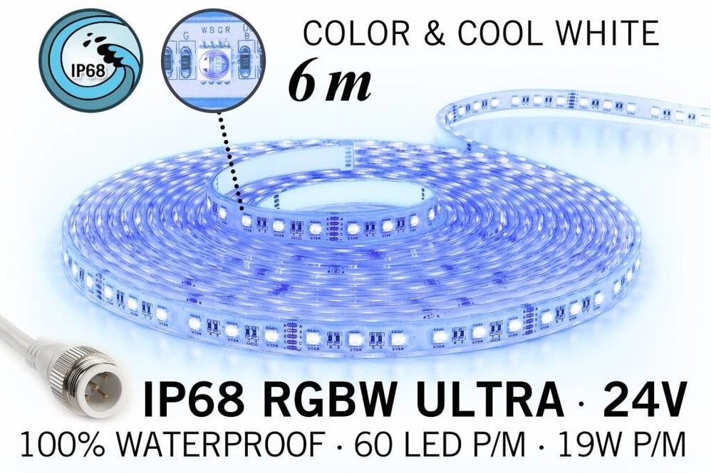 Applamp IP68 Wasserdichter RGBW ULTRA LED-Streifen, RGB+Cool White, 60 LEDs pro Meter, 24 Volt, 6 Meter
