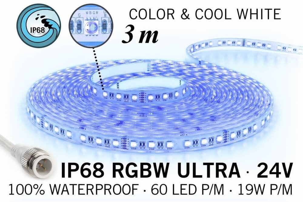 Applamp IP68 Wasserdichter RGBW ULTRA LED-Streifen, RGB+Cool White, 60 LEDs pro Meter, 24 Volt, 3 Meter
