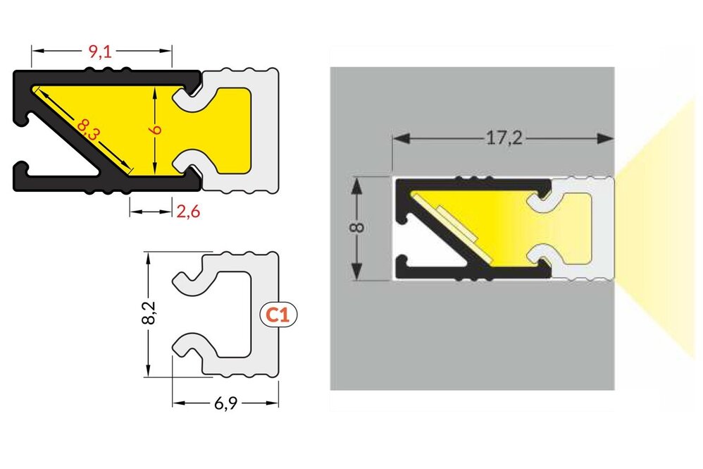 Abdeckung C1 in 1m oder 2m Länge für PICO LED Profil