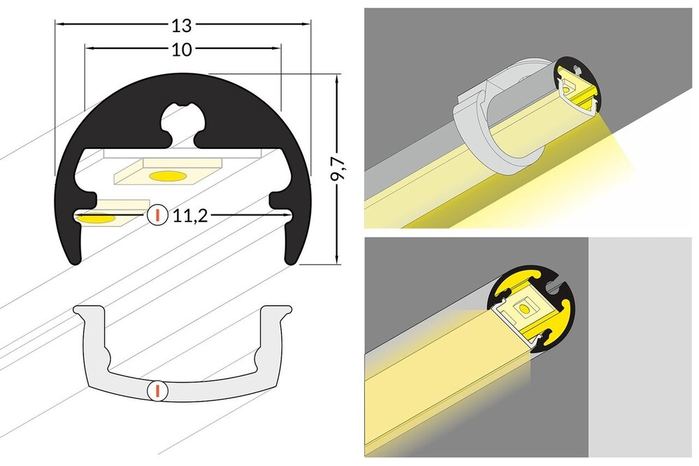 ROTO 8mm rundes Led-Aufbauprofil 1m-2m