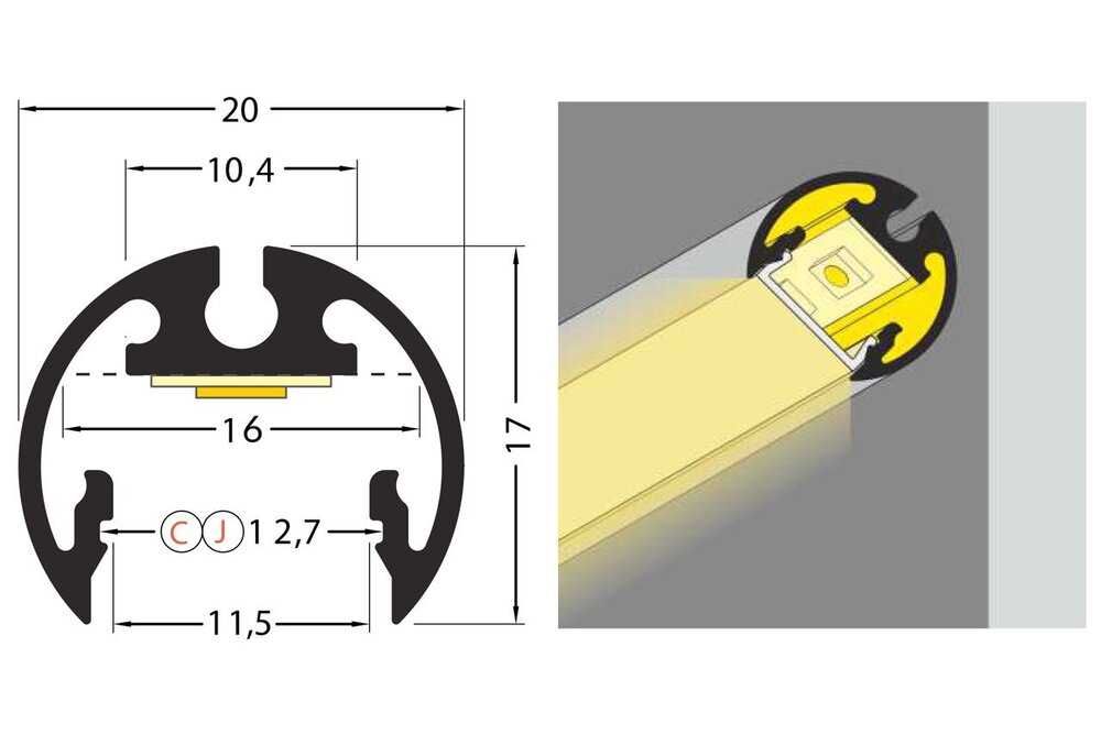 ROTO 12mm rund Aufputz Led Profil 1m-2m