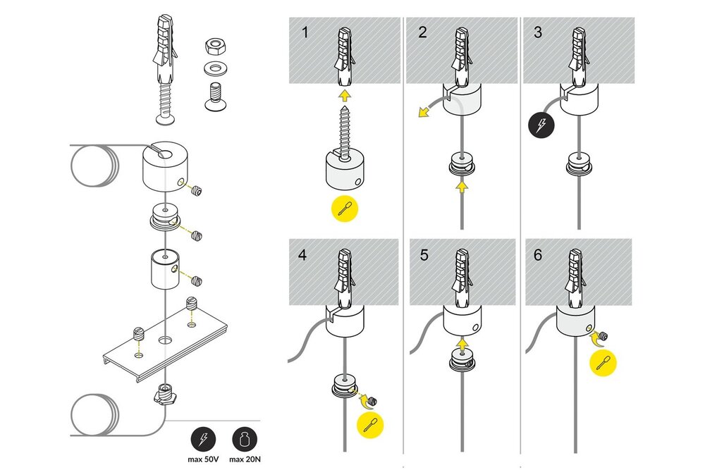 Stahlseil-Aufhängesystem mit Stromeinführung