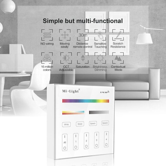 MiLight MiLight RGB+ DualWhite (RGB+CT) Touch Wall Controller Aufputz, 4-Zonen, RF, 2xAAA