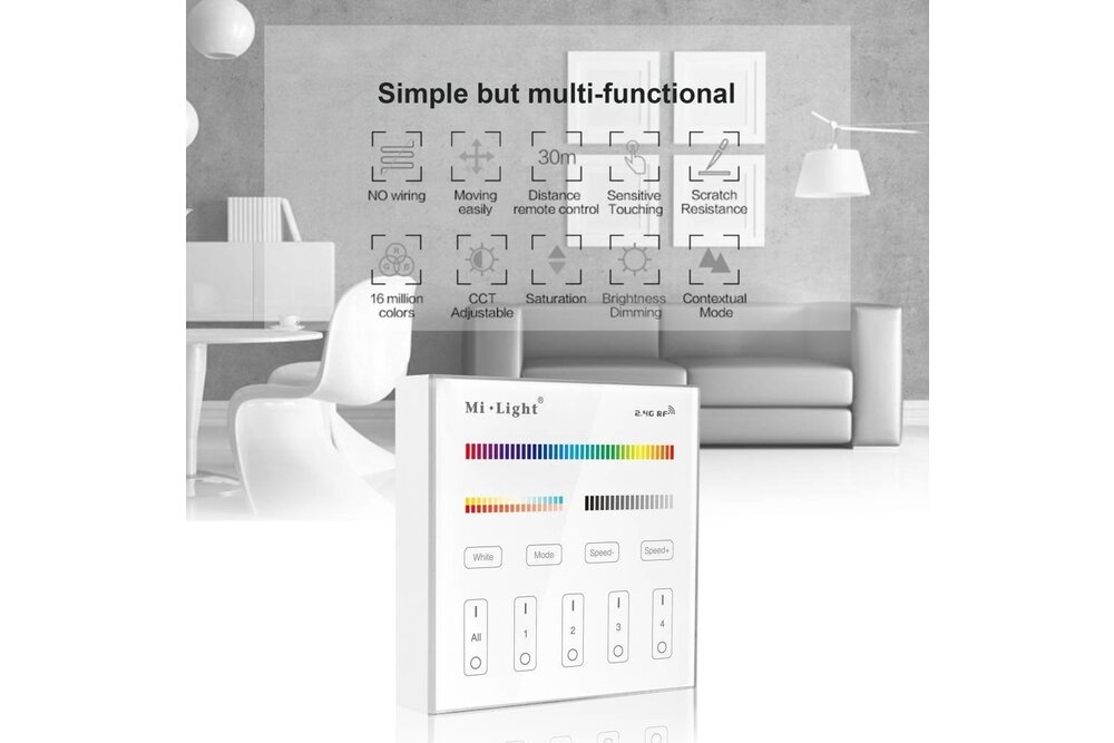 MiLight MiLight RGB+ DualWhite (RGB+CT) Touch Wall Controller Aufputz, 4-Zonen, RF, 2xAAA