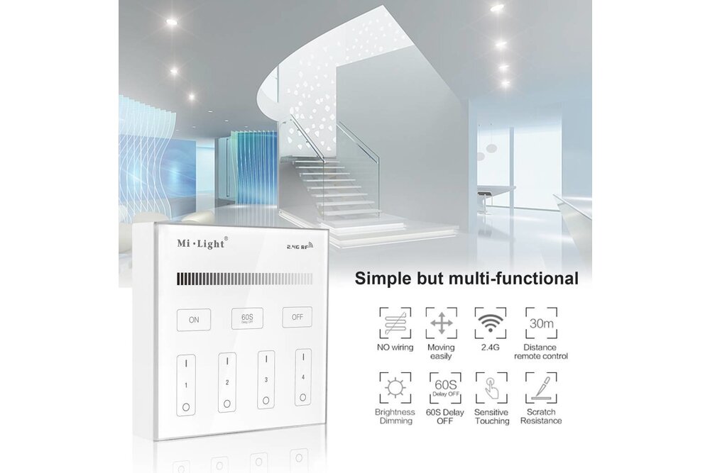 MiLight Mi-Light Aufputz-Touch-Wandsteuerung Dimmer 4-Zonen, einfarbig, AAA-Batterie