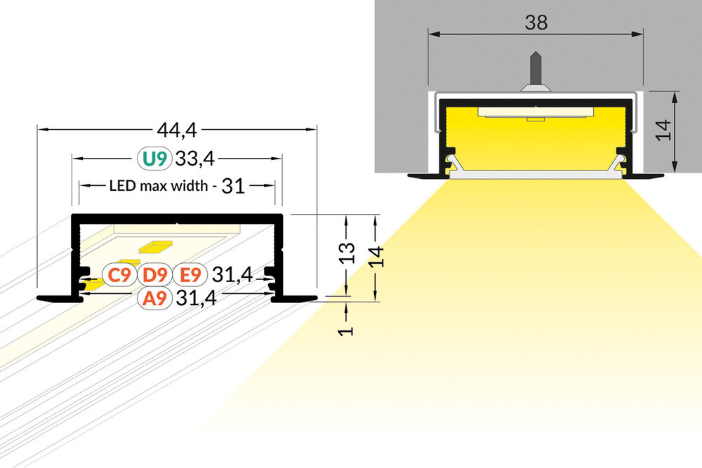 EVO306 31mm versenktes Led-Profil 1m-2m