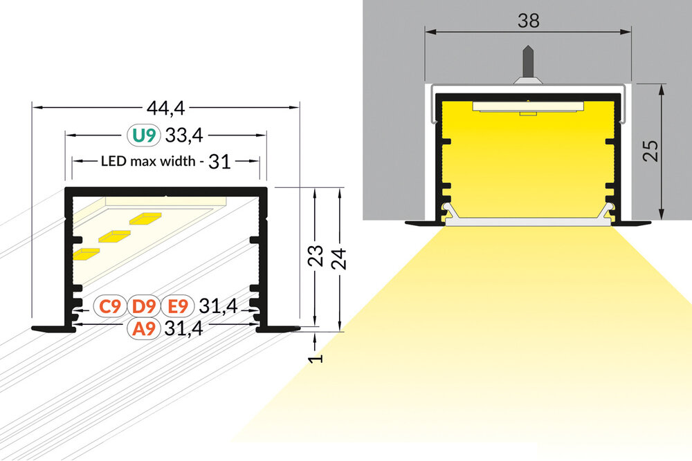 EVO307 31mm versenktes versenktes Led-Profil 1m-2m