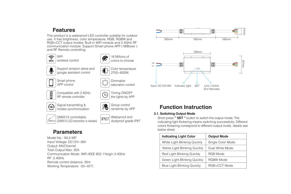 MiLight IP67 Wasserdichter WiFi LED Strip Controller | 12~24V 20A | Optional mit Fernbedienung | WL5-WP