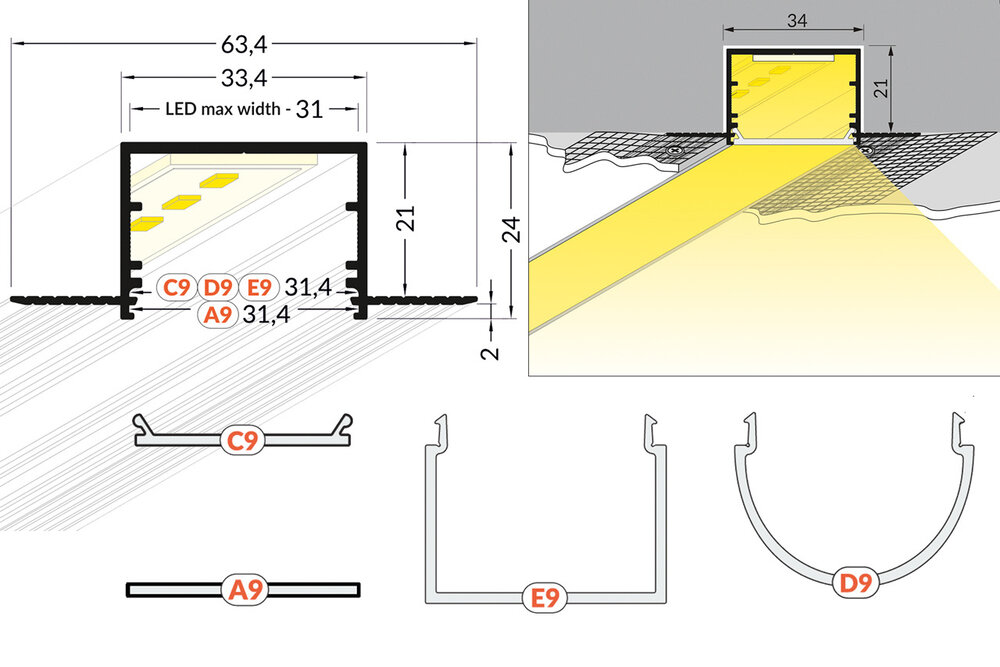 EVO305 TS 31mm-versenkt-versenktes Led-Profil 1m-2m