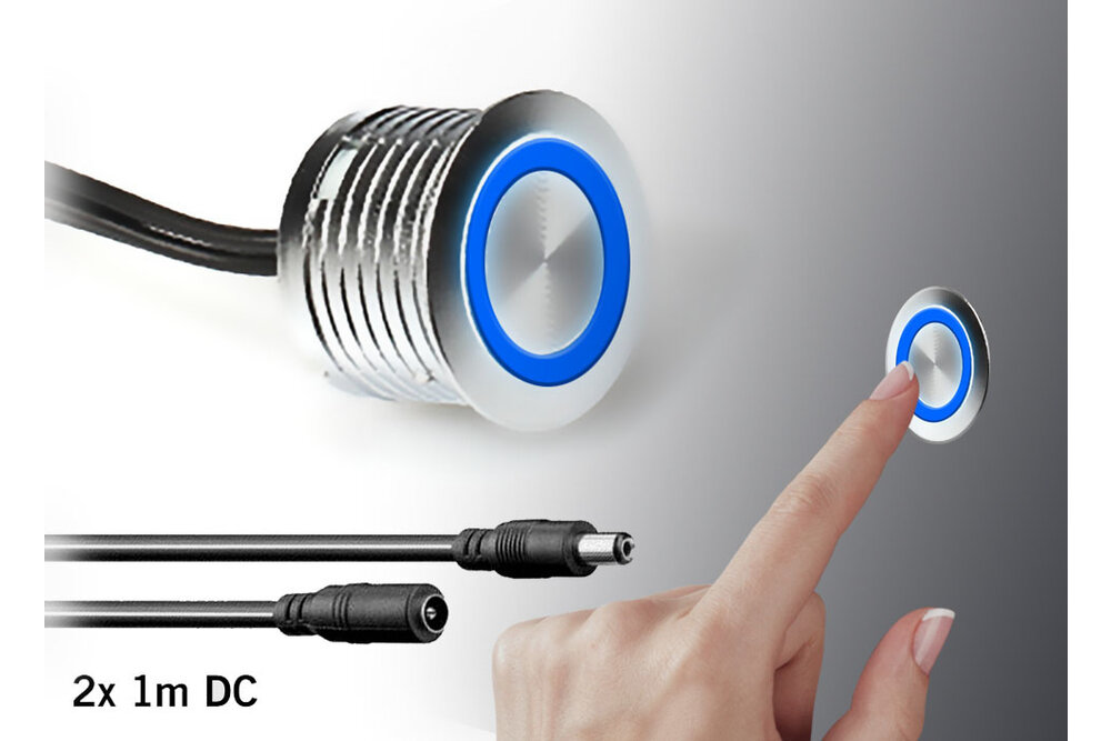 Rund-Einbau-Touch-Dimmer ⌀18mm Chrom mit blauer Funktions-LED | 12V-24V 2A