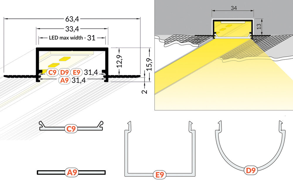 EVO304 TS 31mm versenktes Led-Profil 1m-2m