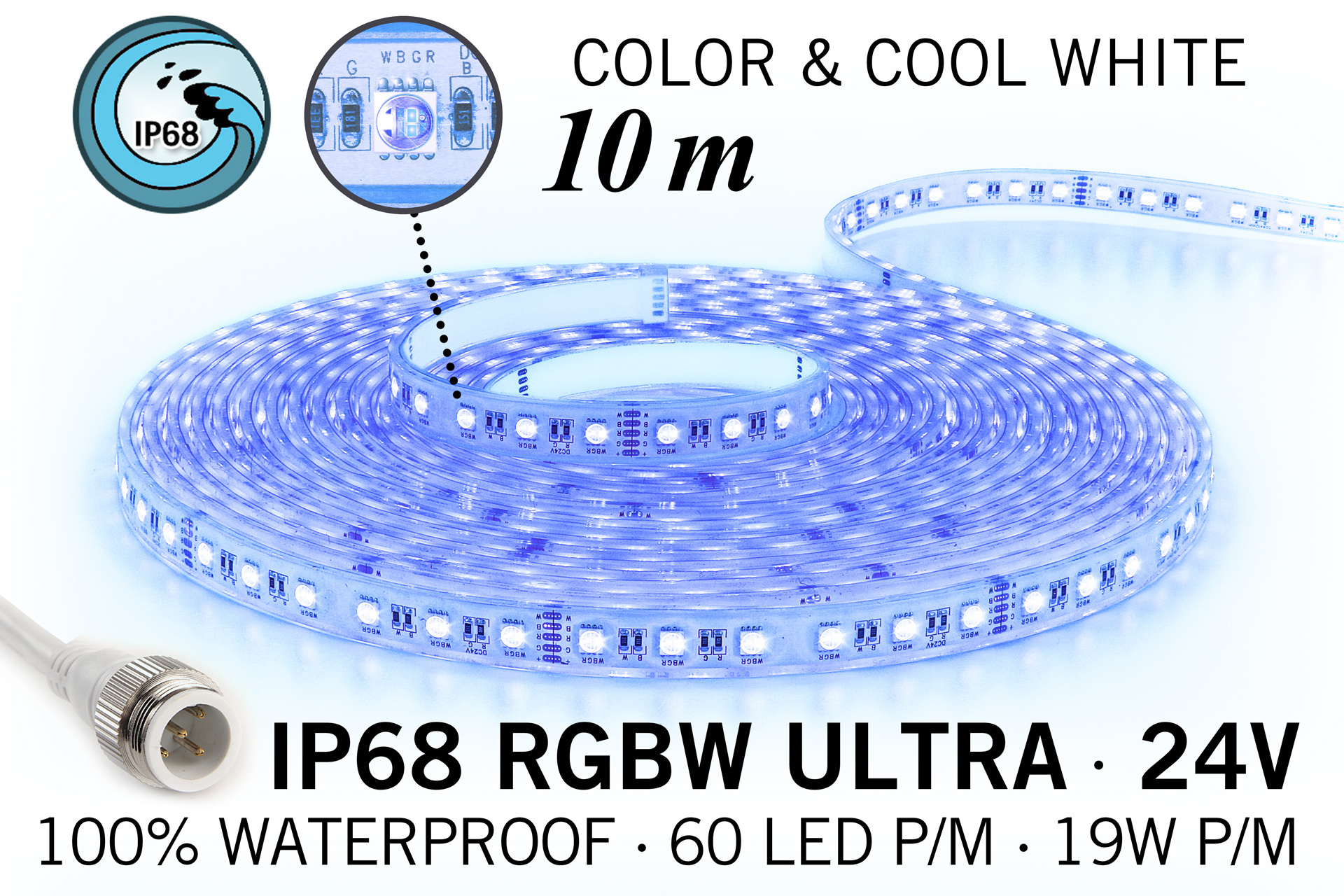 Applamp IP68 Wasserdichter RGBW ULTRA LED-Streifen, RGB+Cool White, 60 LEDs pro Meter, 24 Volt, 10 Meter