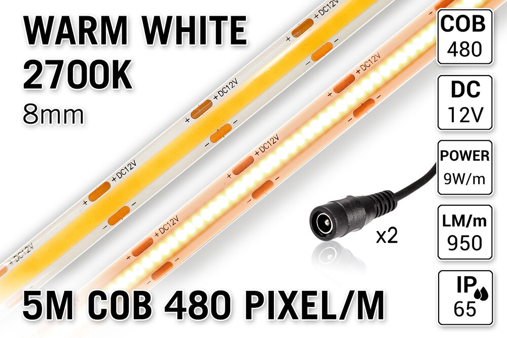 Applamp Pro Line COB 2700K Warm White Led Strip | 5m 10W pm 12V | 480 Pixel pm - Lose Strip