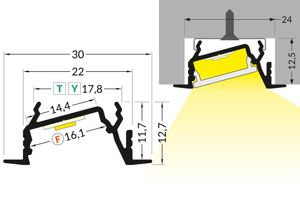 LINEA14 DL 14mm Versenktes Led-Profil 1m-2m