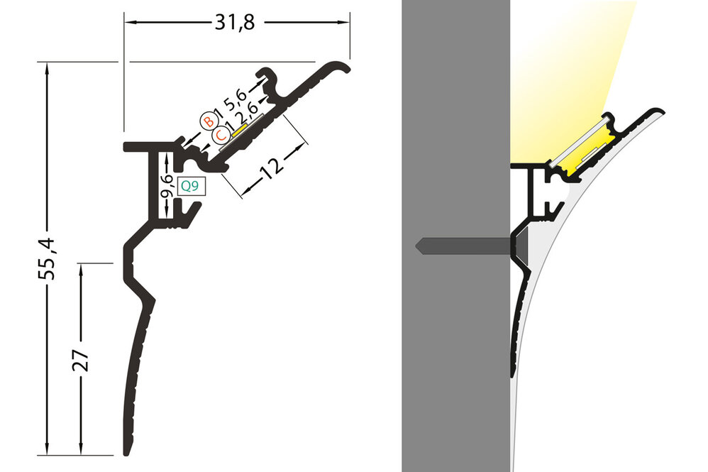 CURVA 12mm Aufbau Led Profil - Stuc trim indirekte Beleuchtung.