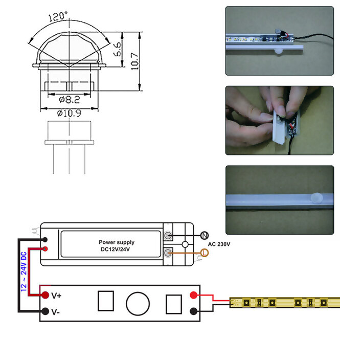 LED-PIR-Bewegungssensor <=2m | 6~70s | 8A 12V-24V | versenktes LED-Profil