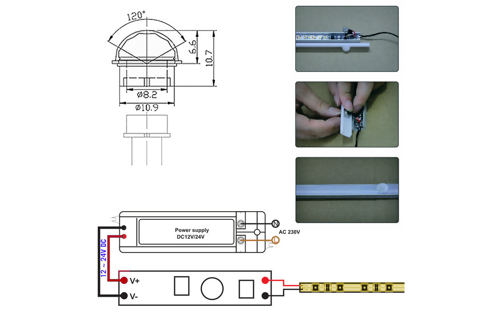 LED-PIR-Bewegungssensor <=2m | 6~70s | 8A 12V-24V | versenktes LED-Profil