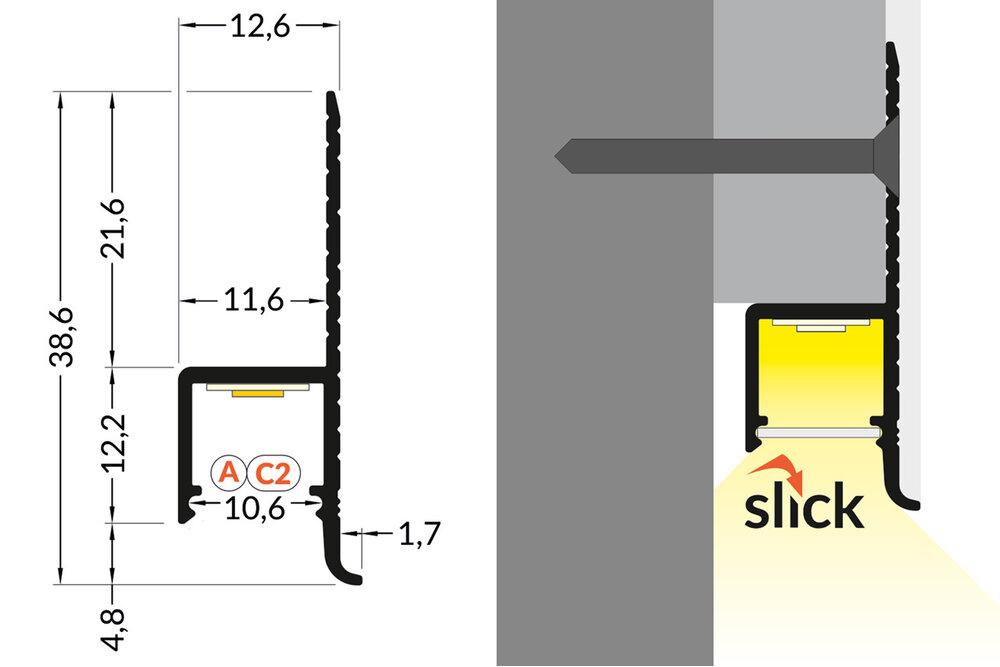 Flux TS 10mm versenktes Led Profil für Gipskarton und Stuck