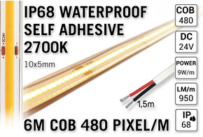 Applamp 6m IP68 Wasserdicht COB 2700K Warm White Led Strip | 9W pm 24V | 480 Pixel pm - Selbstklebend