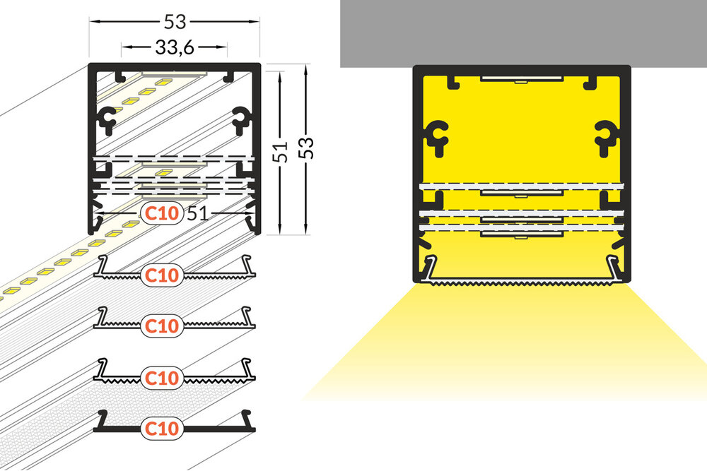 LUMAX502 53mm Aufbauprofil Led 1m-2m