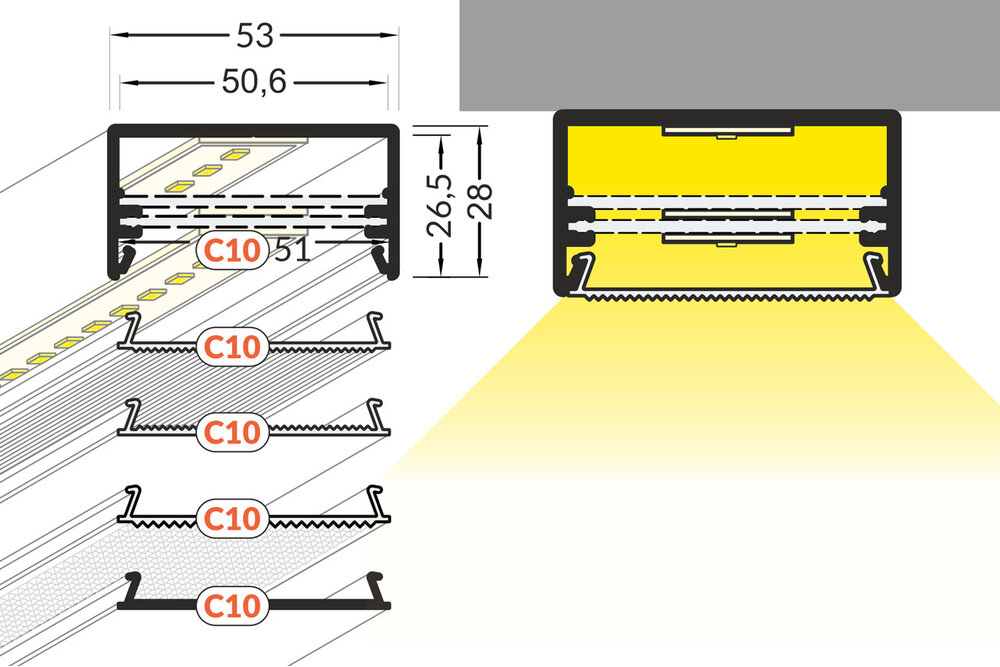 LUMAX501 53mm Led-Anbauprofil 1m-2m