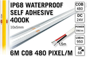 Applamp 6m IP68 Wasserdichtes COB4000K Neutral Weißes Led Strip | 9W pm 24V | 480 Pixel pm - Selbstklebend
