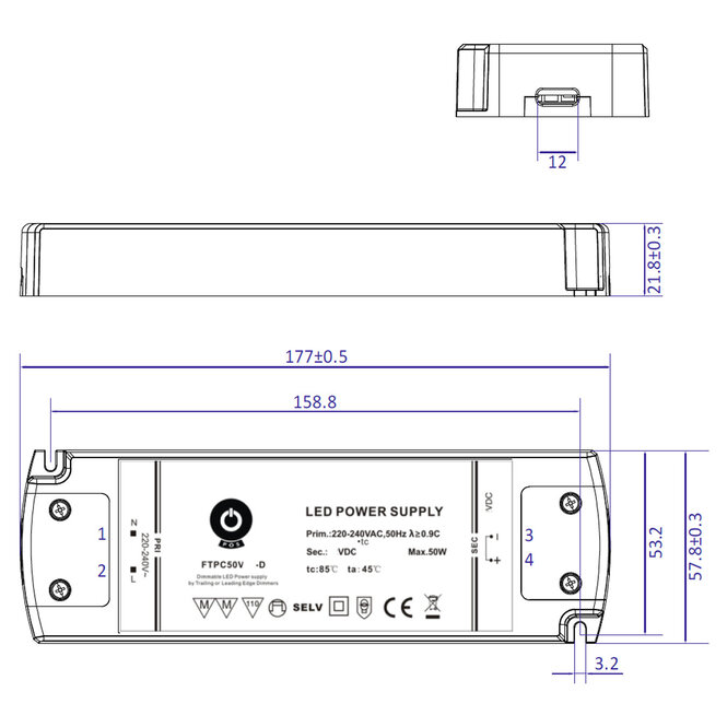 POS-POWER Kompaktes dimmbares Netzteil DC 12 Volt 50 Watt 4,16 Ampere