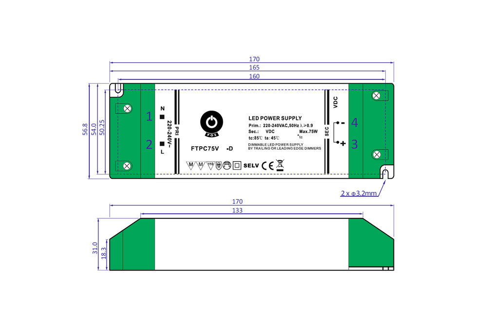 POS-POWER Kompaktes dimmbares Netzteil DC 12 Volt 75 Watt 6,25 Ampere