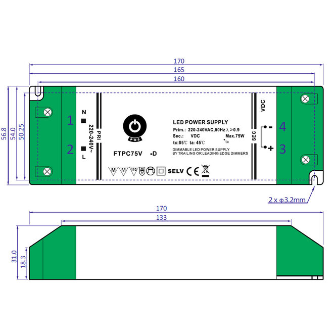 POS-POWER Kompaktes dimmbares Netzteil DC 24 Volt 75 Watt 3,12 Ampere