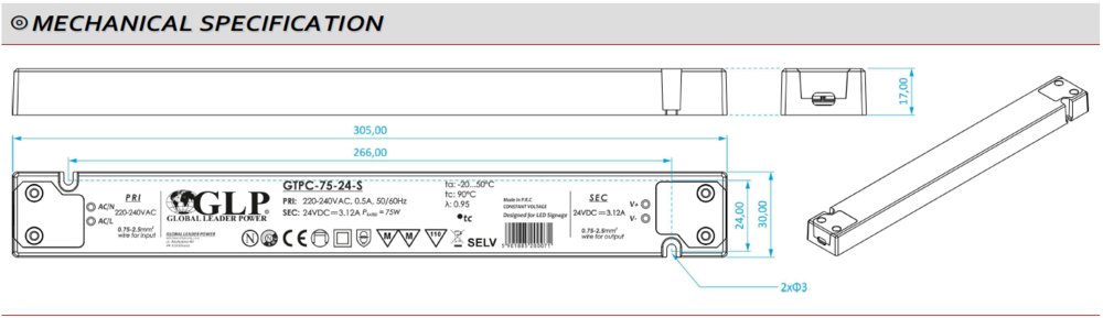 GLP Ultradünnes Konstantspannungs-Netzteil DC 12 Volt 75 Watt 6,25 Ampere mit PFC-Regelung