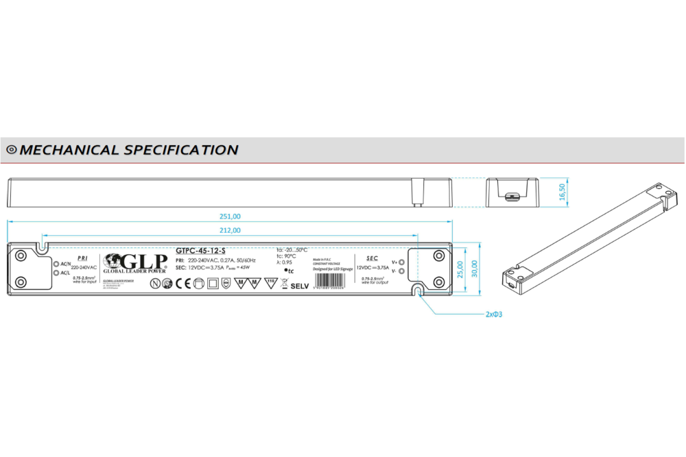 GLP Ultradünnes Konstantspannungs-Netzteil DC 12 Volt 45 Watt 3,75 Ampere mit PFC-Regelung