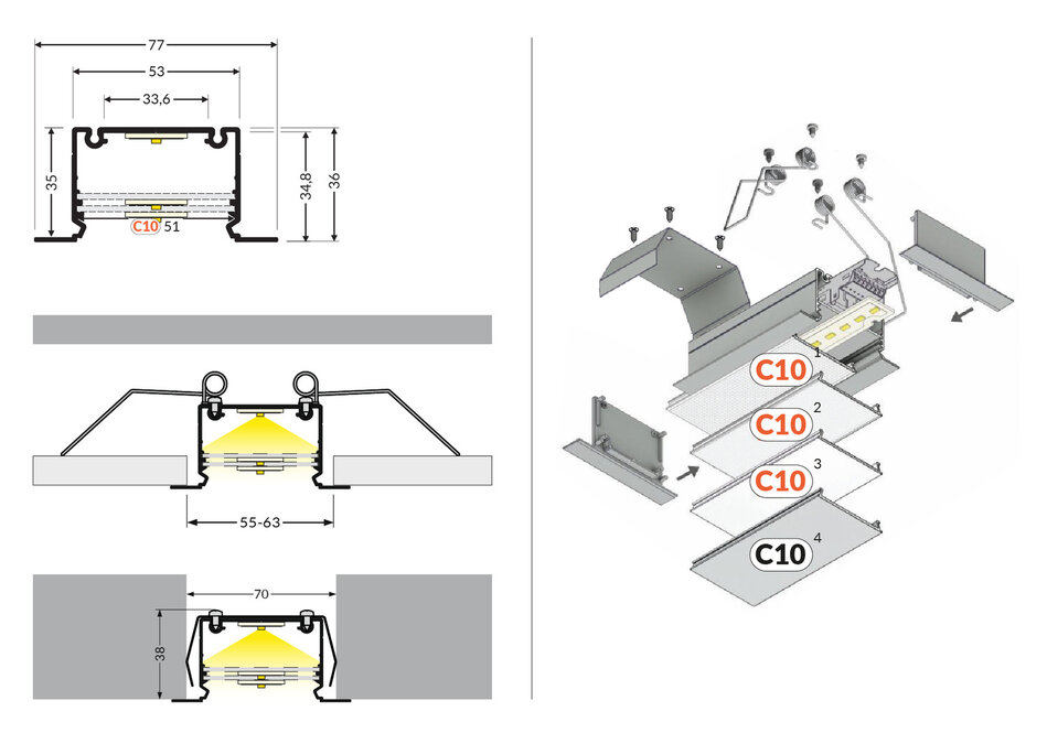 LUMAX503 53mm versenktes Led-Profil 1m-2m