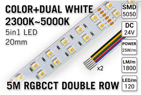 Applamp Zweireihig RGB+CCT Farbe+Dual Weiß 120 LED/m, 24V, 5m