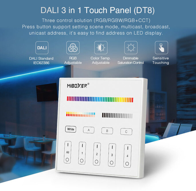 MiLight DALI DT8 4-Zonen 3 in 1 RGB/RGBW/RGB+CCT Touch Wandpanel