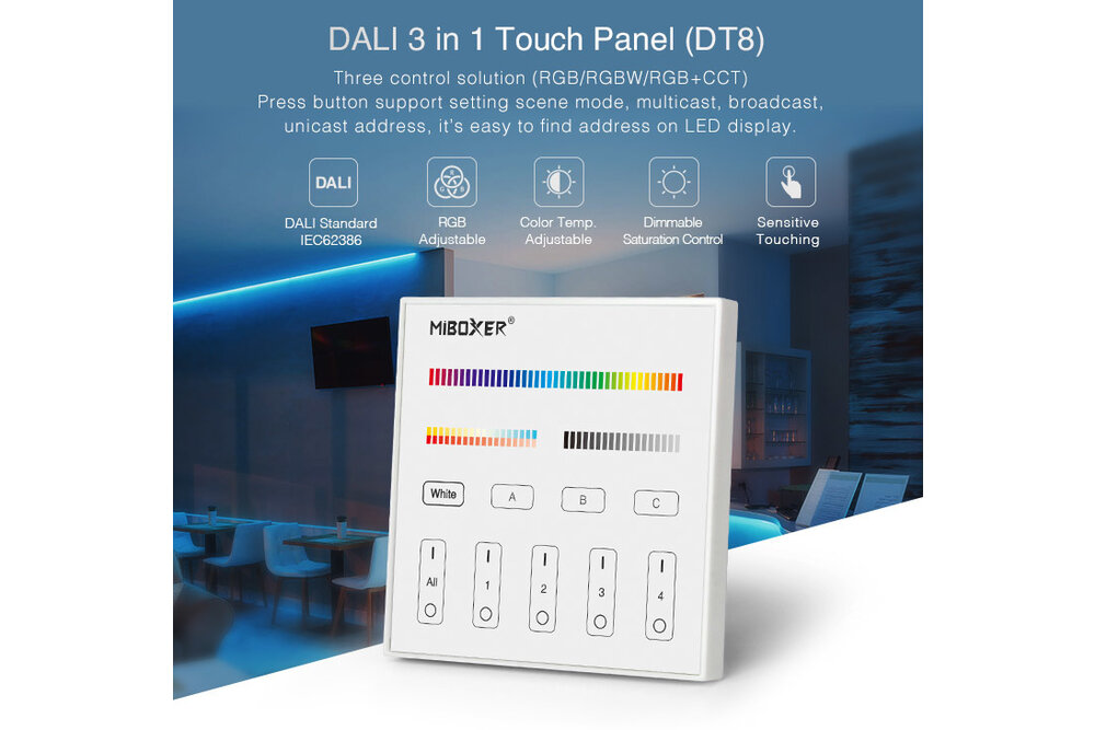 MiLight DALI DT8 4-Zonen 3 in 1 RGB/RGBW/RGB+CCT Touch Wandpanel