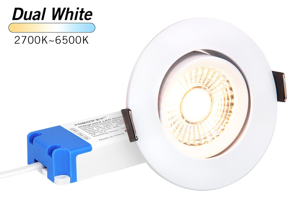 MiLight Mi-Light 6Watt Dimmbarer Dual White LED 2.4G RF schwenkbarer Einbaustrahler 220V. Matt Weiß ⌀90mm