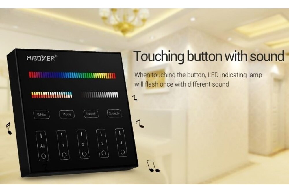MiLight Schwarzer MiLight RGB+ DualWhite (RGB+CT) Touch Wall Controller Aufputz, 4-Zonen, RF, 2xAAA