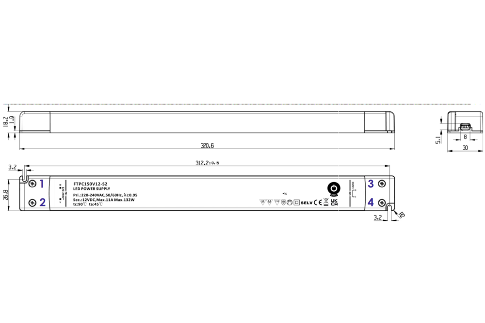 POS-POWER Ultra-Thin-POS-Netzteil DC 24 Volt 150 Watt 6,25 Ampere mit PFC-Regelung
