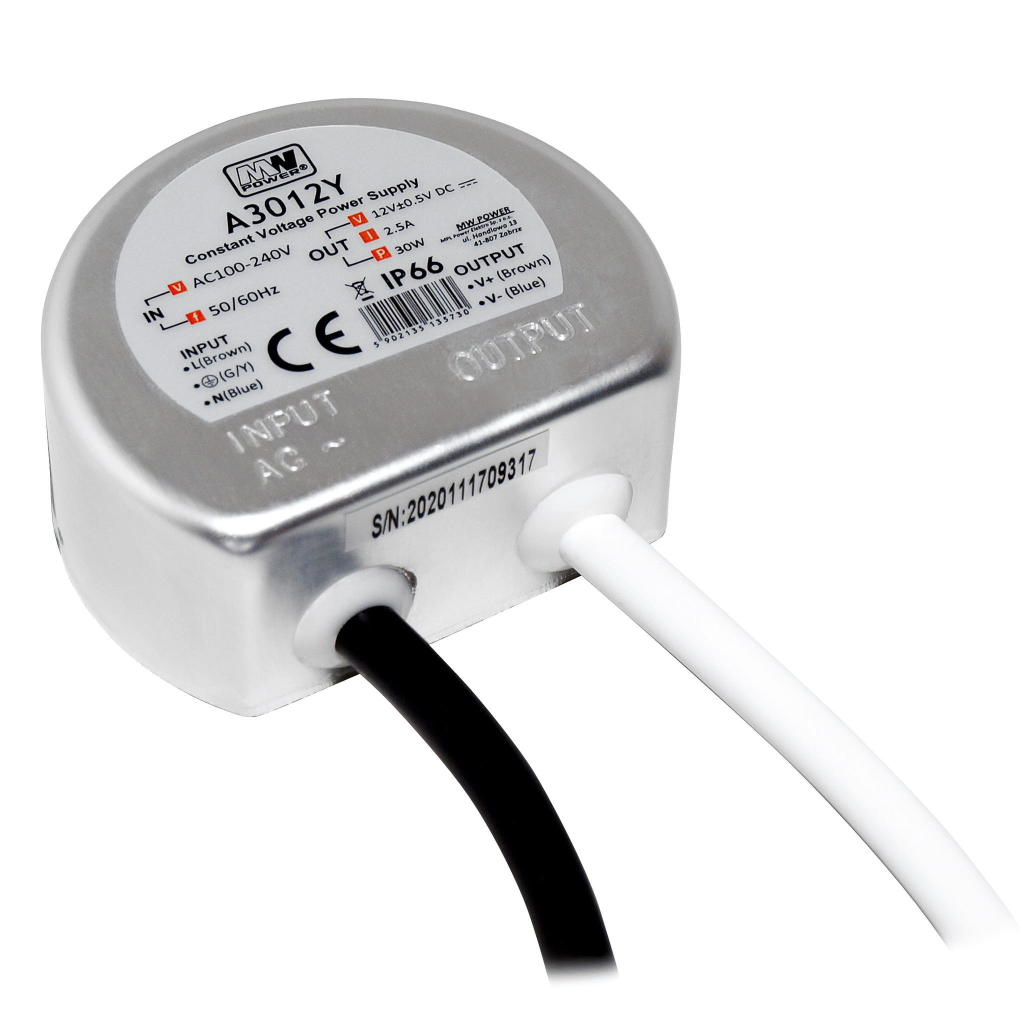 MWPower Wasserdichtes Mini-Netzteil ⌀58mm - DC 12V 30 Watt 2.5A - IP66