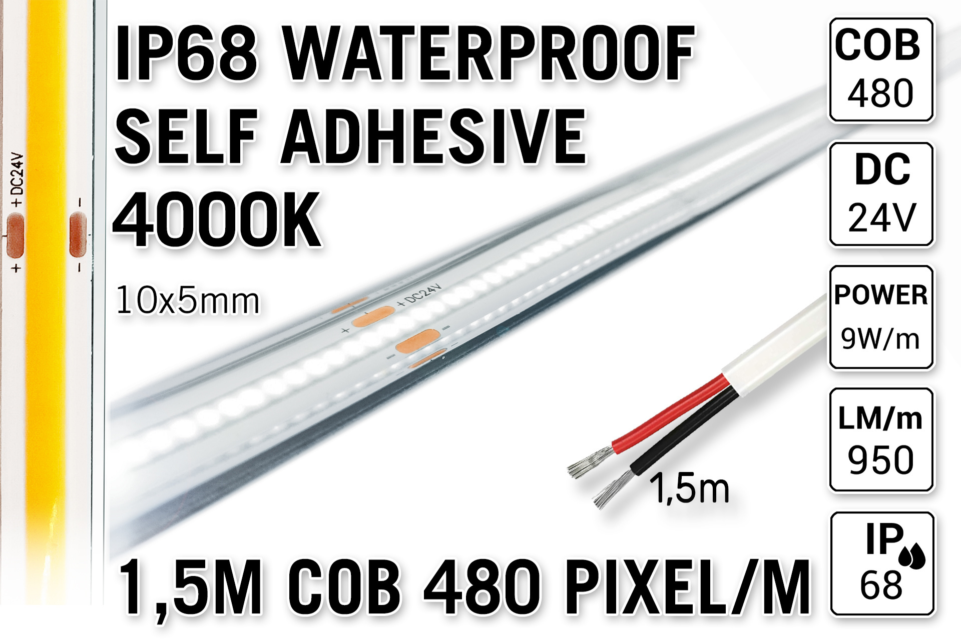 Applamp 1.5m IP68 Wasserdichte COB 4000K Neutral Weiß Led Strip | 9W pm 24V | 480 Pixel pm - Selbstklebend