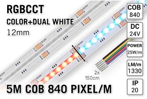 Applamp COB RGBCCT Led Strip | 5m 25W pm 24V | 840 Pixel pm - Lose Strip