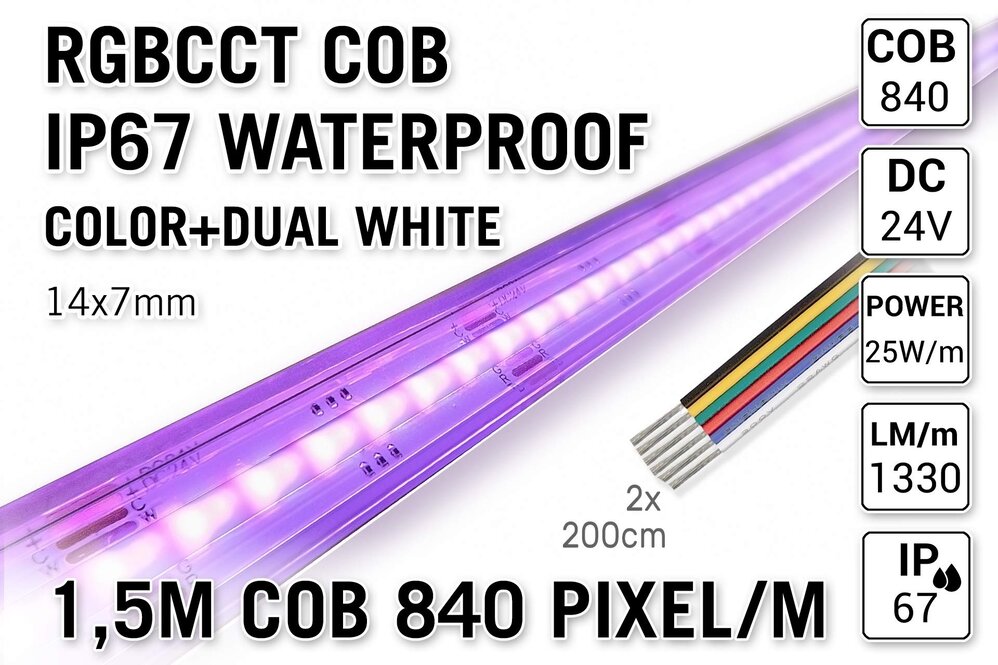 Applamp COB RGBCCT IP67 Wasserdichtes Led Strip | Farbe+Dual Weiß | 1.5m 25W pm 24V | 840 Pixel pm - Lose Strip