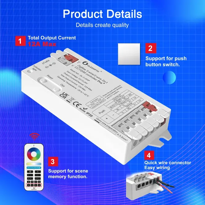 GLEDOPTO 12A Gledopto 2 in 1 Einfarbig/Dual Weiß Zigbee Pro Controller GL-C-203P | 12-24 Volt