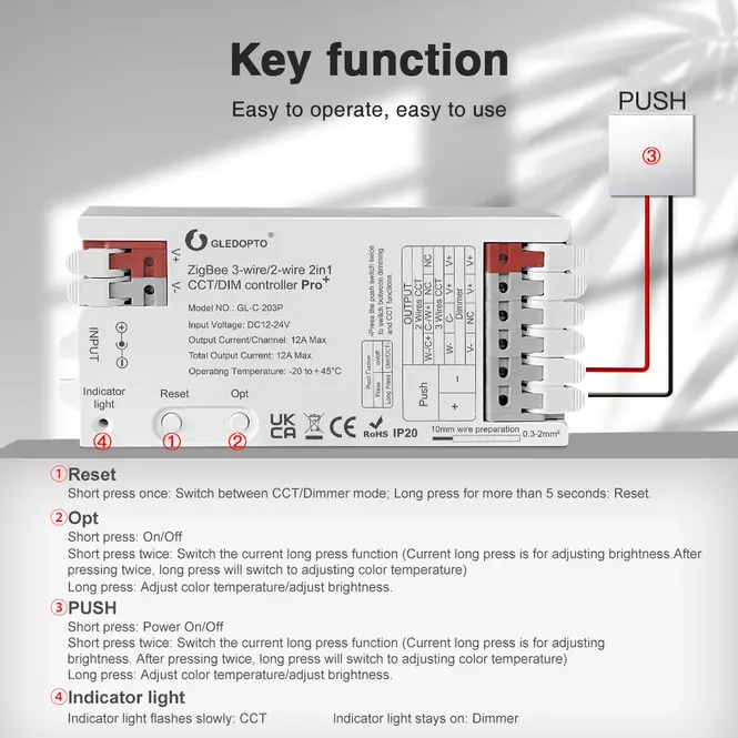 GLEDOPTO 12A Gledopto 2 in 1 Einfarbig/Dual Weiß Zigbee Pro Controller GL-C-203P | 12-24 Volt