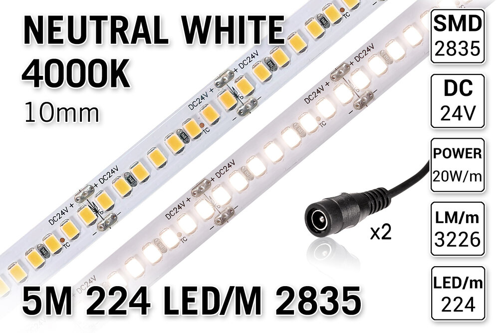 AppLamp ProLine PRO LINE Neutral White Led Strip | 5m 224 Leds pm Typ 2835 24V Lose Strip - Super hell - 3226 Lumen pro Meter