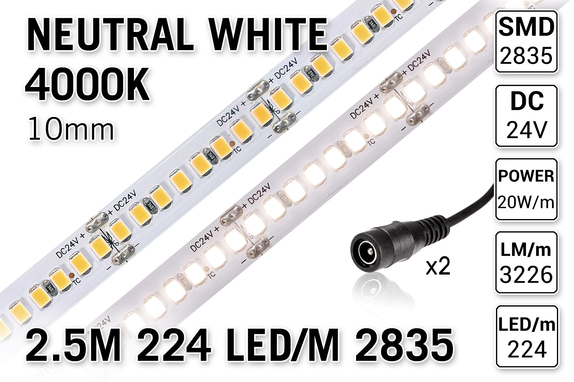 AppLamp ProLine PRO LINE Neutral White Led Strip | 2.5m 224 Leds pm Typ 2835 24V Lose Strip - Super hell - 3226 Lumen pro Meter