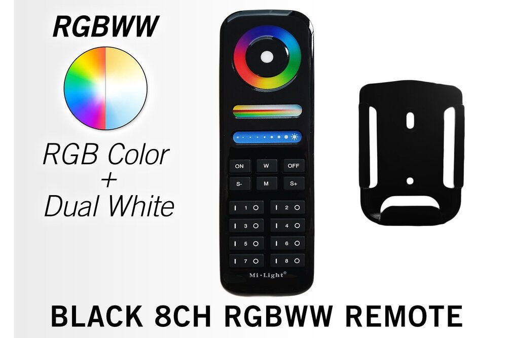 MiLight Schwarze MiLight RGB+ DualWhite (RGB+CT) Touch-Handfernbedienung, 8-Zonen, RF, 2xAAA